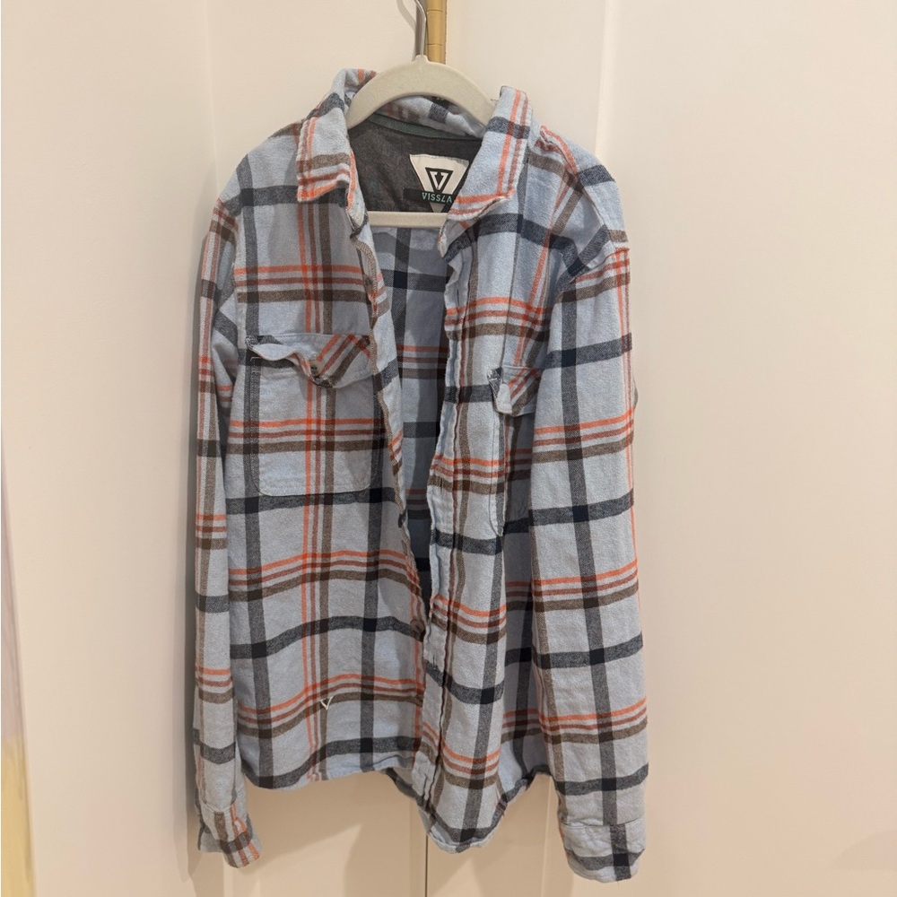 VISSLA Blue and Red Plaid Button Down Shirt